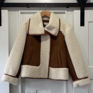 LOFT Ivory Cream Sherpa & Brown Faux Suede Moto Zip Jacket Coat Size Medium